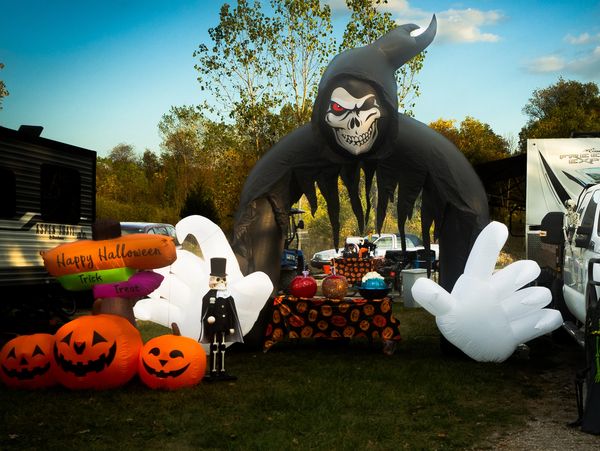 Halloween blow-up decorations on a camp site
