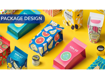 Colorful and creative food packaging designs on a bright yellow surface.