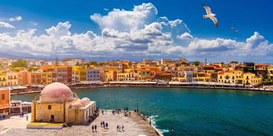 Scenic coastal town with colorful buildings and a large seagull flying over the water.