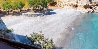 A serene rocky beach with clear turquoise water and surrounding trees.