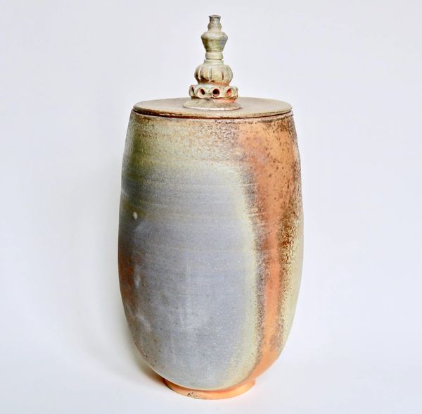 approx 20" x 7" x 6" Wood fired porcelain This lidded vessel should be purposefully used for occasio