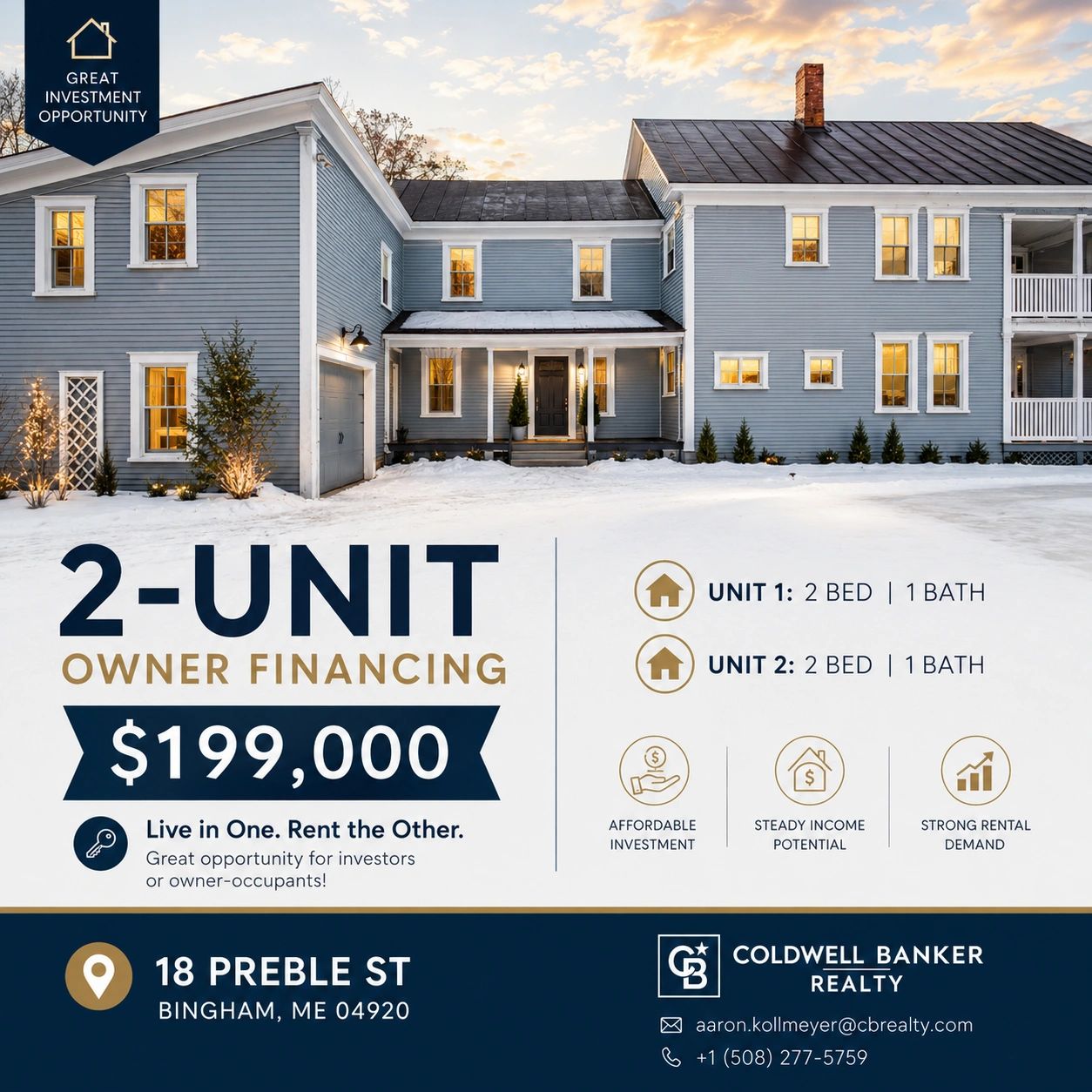 Two-unit property with owner financing, priced at $199,000 in Bingham, ME.