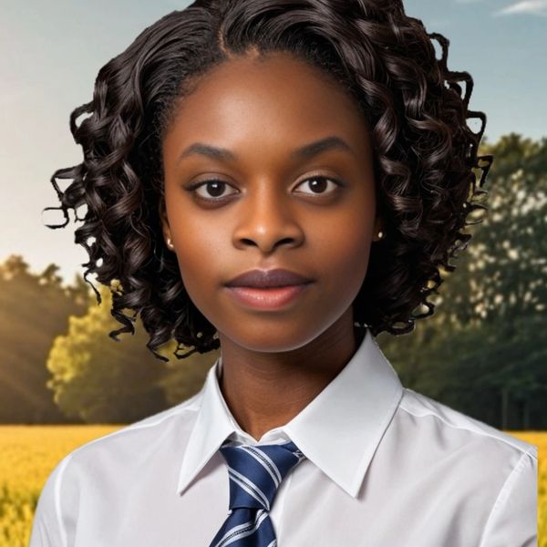 Portrait of a young woman with curly hair in a white shirt and striped tie.