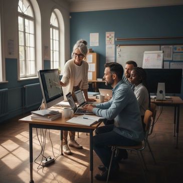 A teacher assisting older adult students using computers in a classroom.