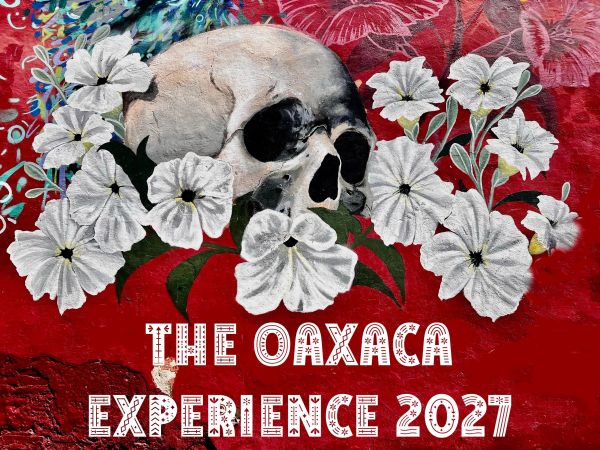 Artistic skull with white flowers on red background for Oaxaca Experience 2027.