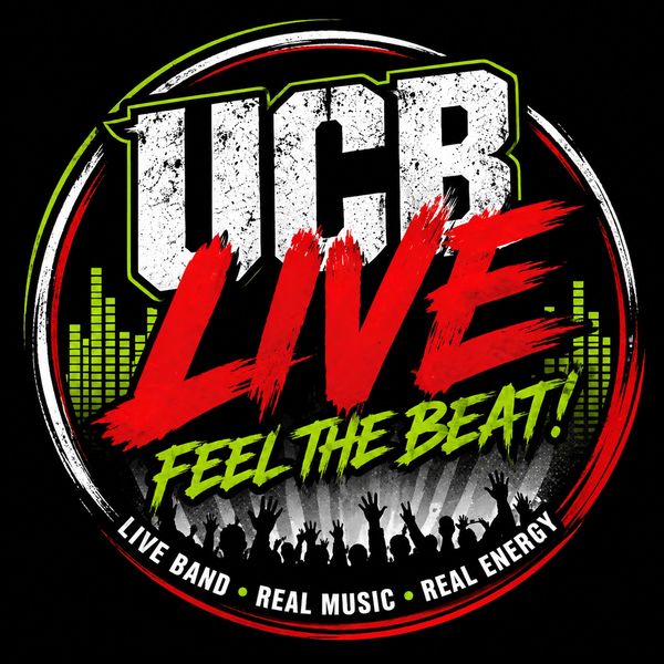 UCB Live logo with energetic crowd and music beat graphics.