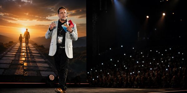 Man walking on stage with a snack and drink before a large audience.