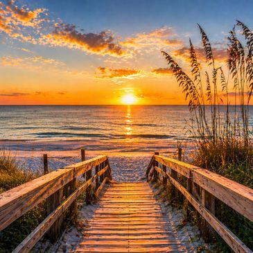 Wooden pathway leading to a beach at sunset with golden sky.