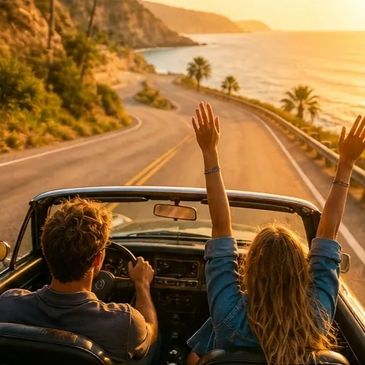 Couple enjoying a scenic drive along a coastal road at sunset.