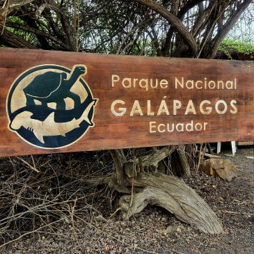 Wooden sign for Galápagos National Park in Ecuador.