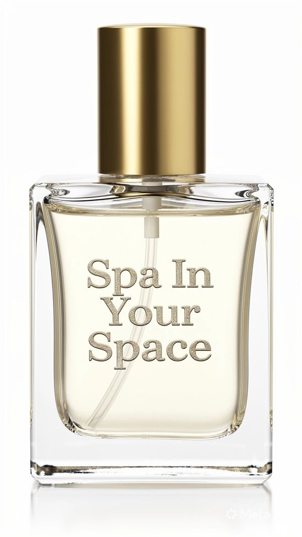 Elegant perfume bottle labeled 'Spa In Your Space' with a gold cap.
