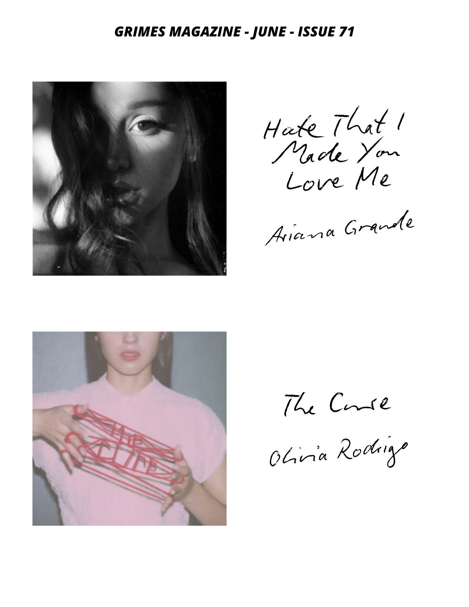 Magazine cover with photos of Ariana Grande and Olivia Rodrigo, featuring song titles.
