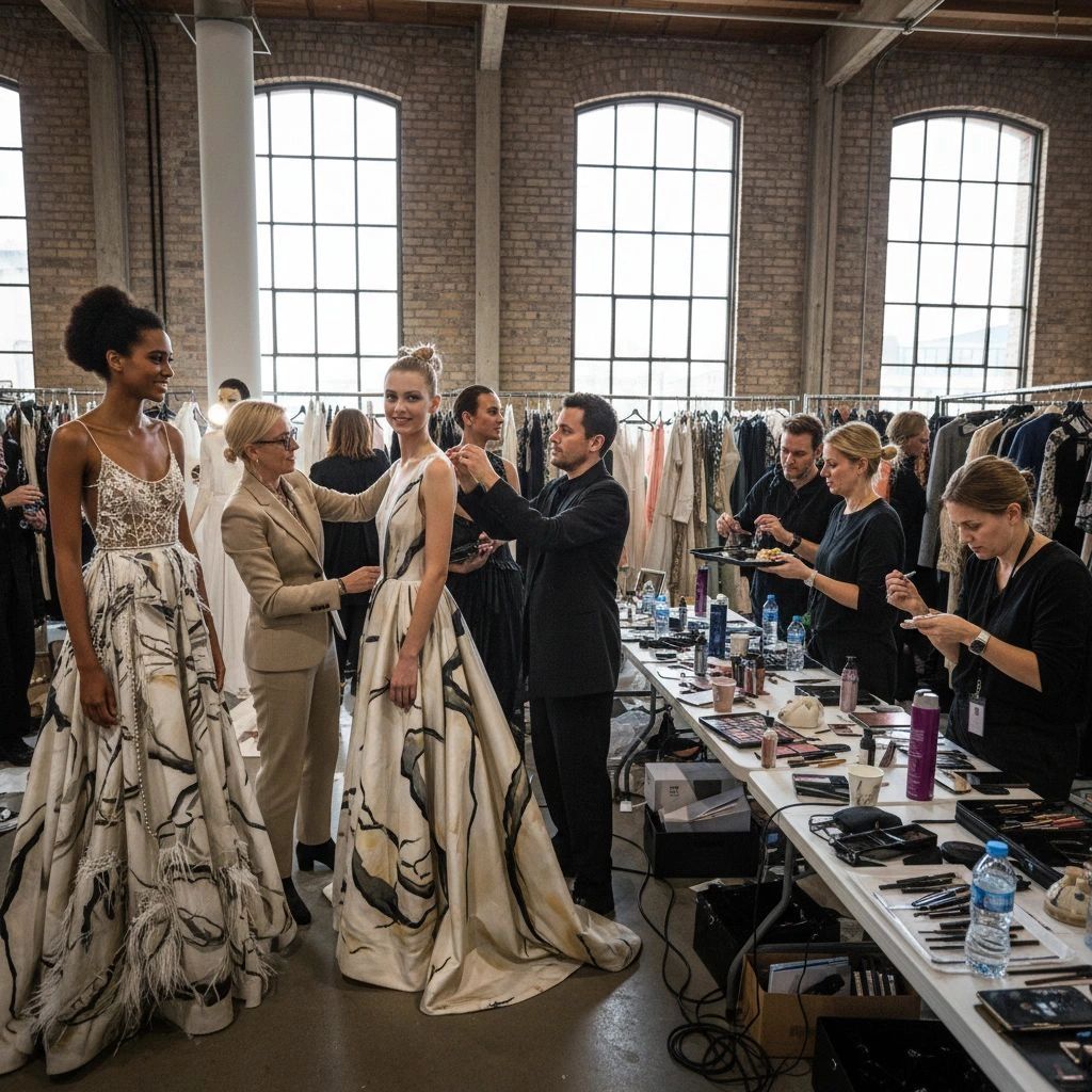 Models getting dressed and prepped backstage at a fashion show.