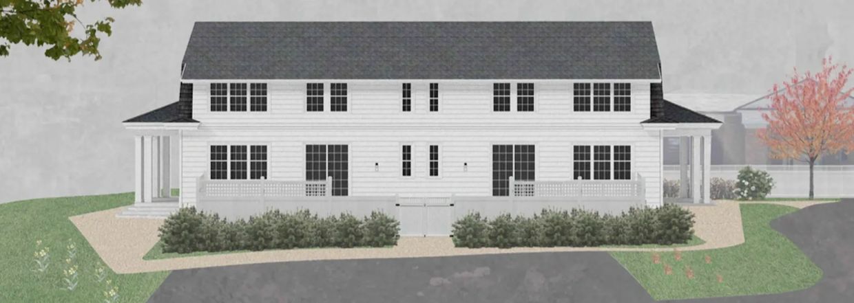 Illustration of a large white two-story house with multiple windows and entrances.