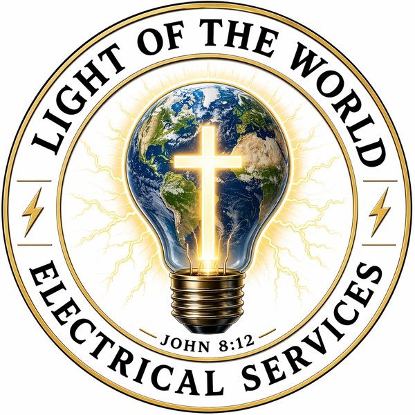 Logo with a lightbulb showing Earth, a glowing cross, and text 'Light of the World Electrical Services'.