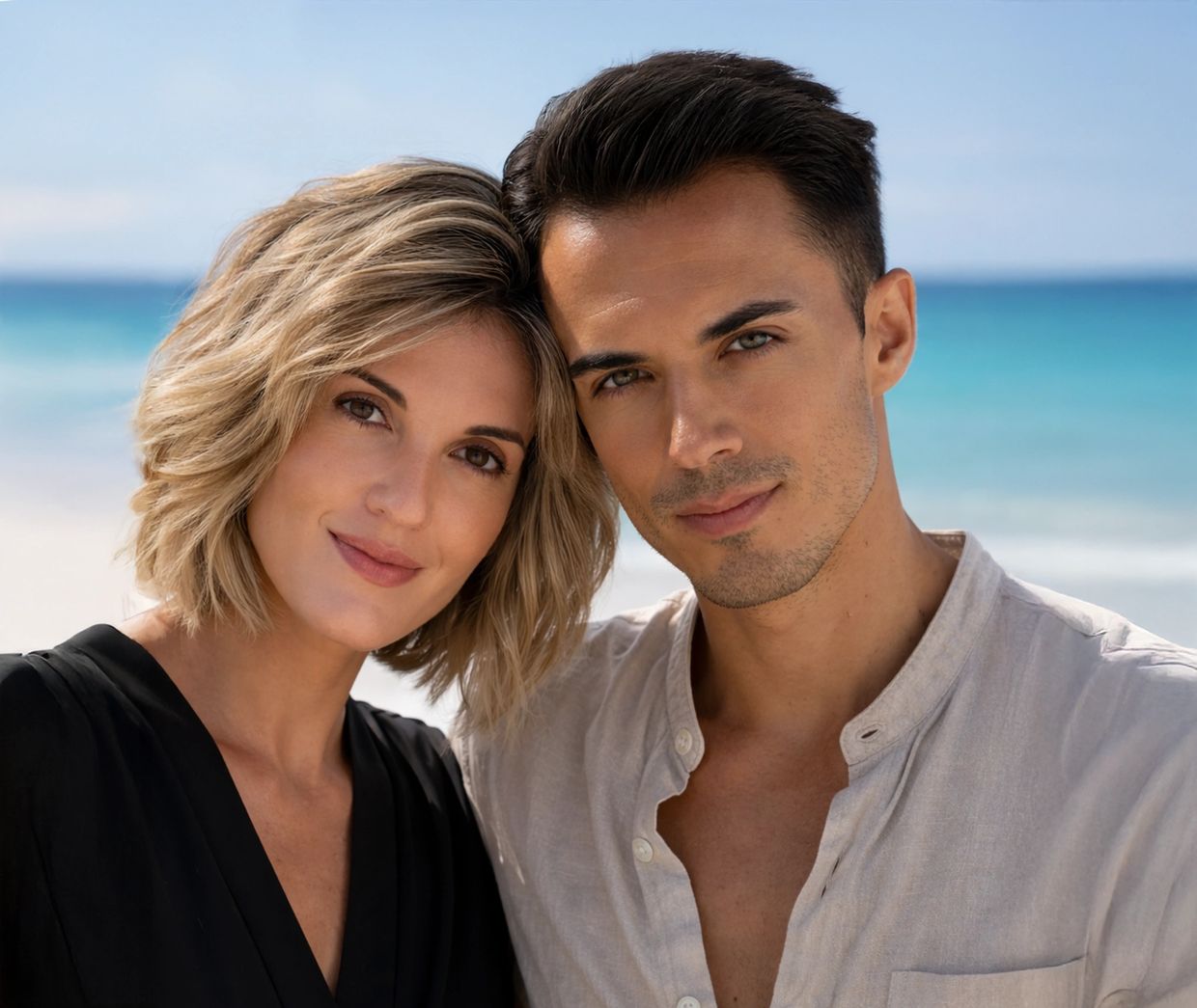 Stella & Angel, Ibiza-based music duo, portrait by the sea — DJ, sax and vocals for weddings, hotels
