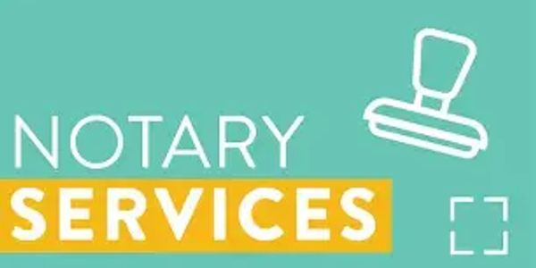 Notary services advertisement with a stamp graphic on teal background.