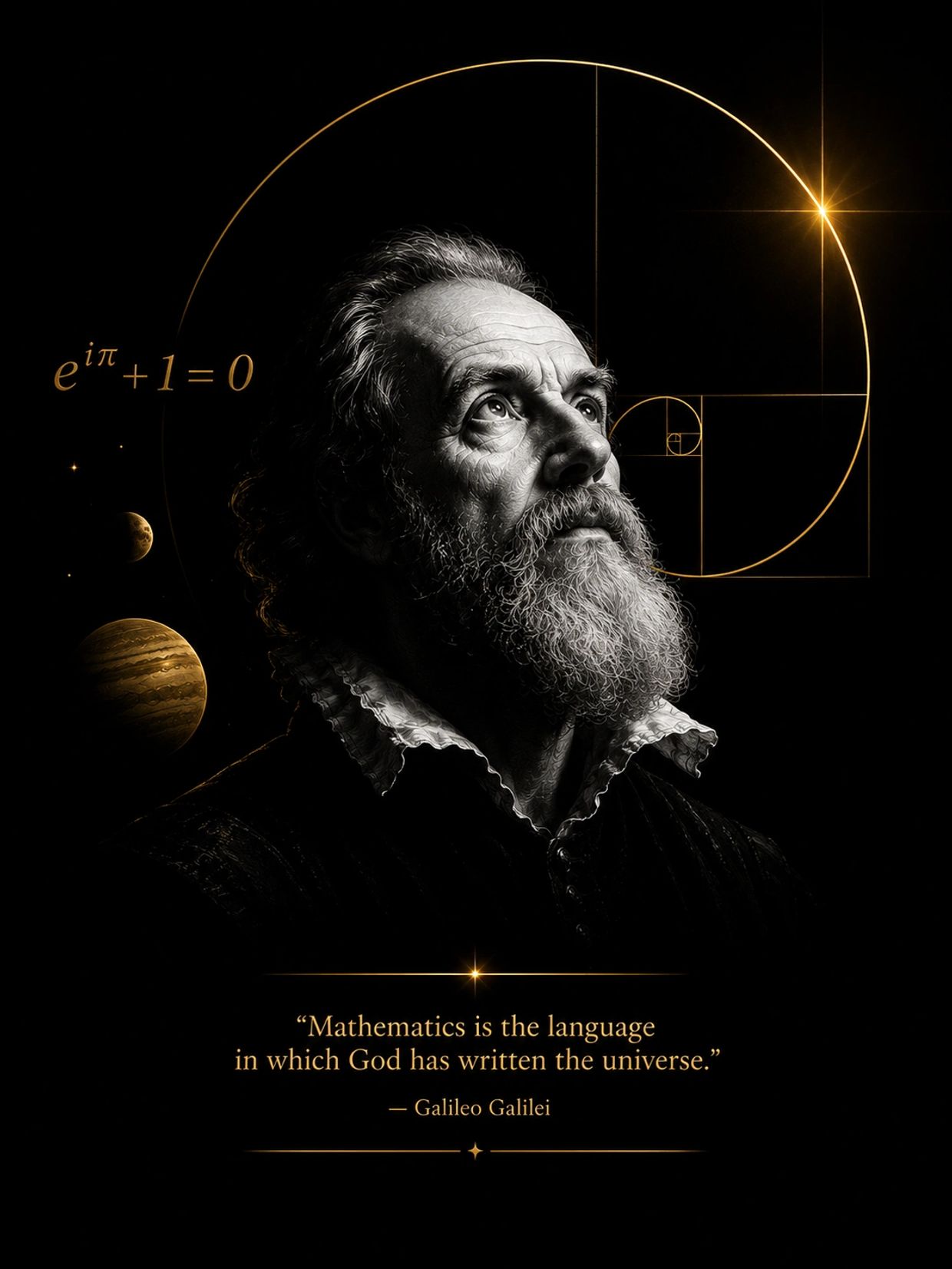 Portrait of Galileo Galilei with mathematical symbols and a golden spiral in the background.