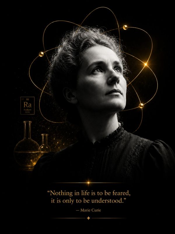 Portrait of Marie Curie with atomic and scientific symbols and an inspirational quote.