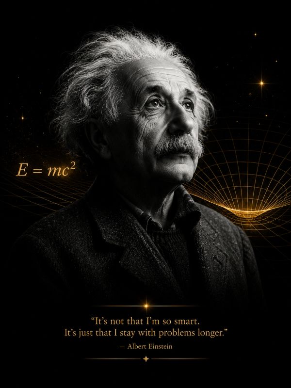Portrait of Albert Einstein with a famous quote and equation.