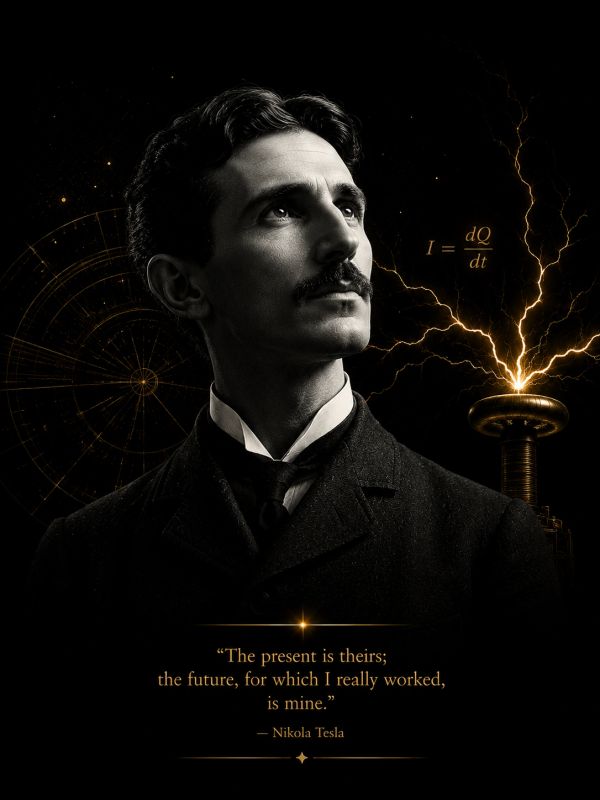 Portrait of Nikola Tesla with an inspiring quote and electric sparks in the background.