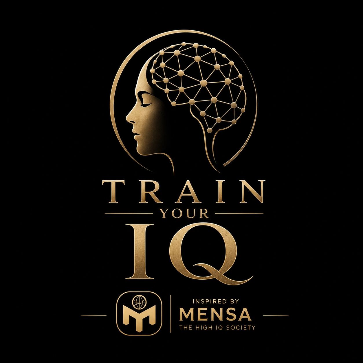 Golden logo with a brain network and text 'Train Your IQ' inspired by Mensa.
