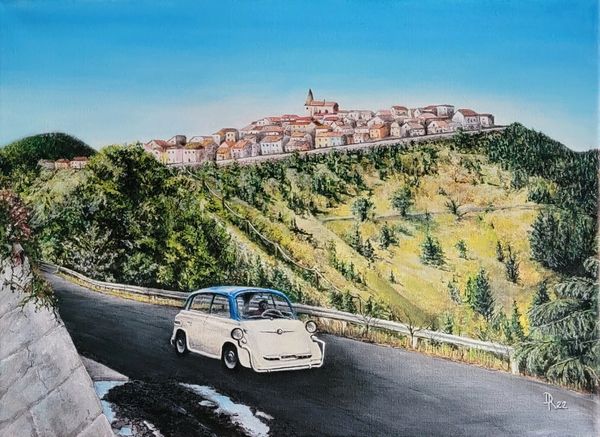 Schiavi di Abruzzo and a classic car during a road rally ... looks like a postcard!