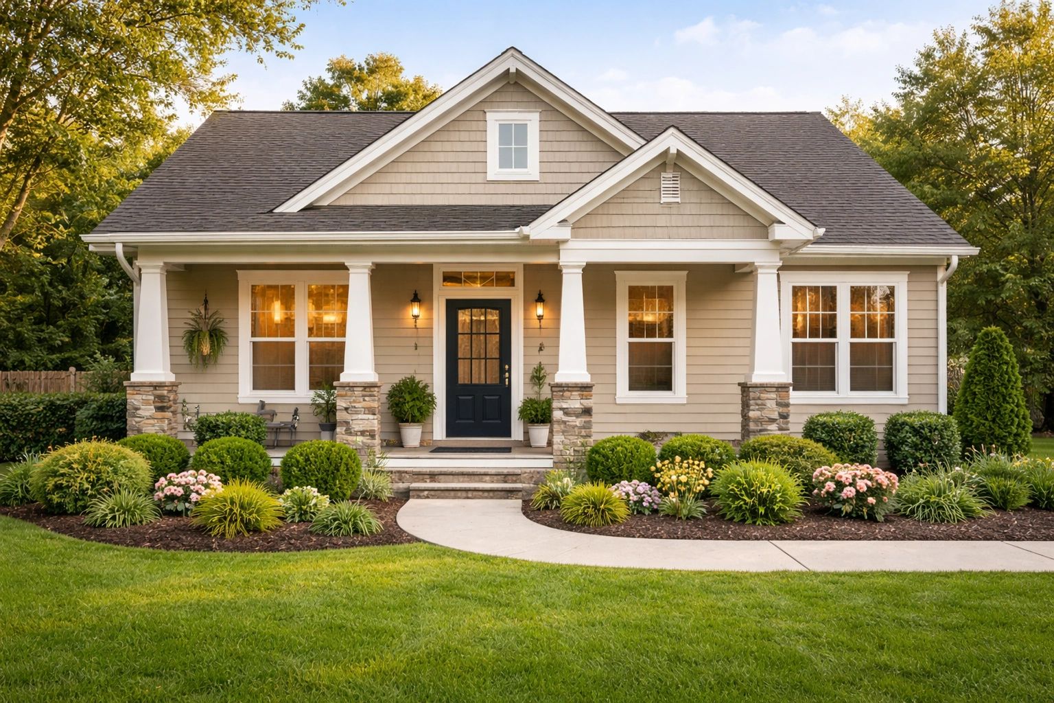 Charming beige house with well-kept garden and a black front door.