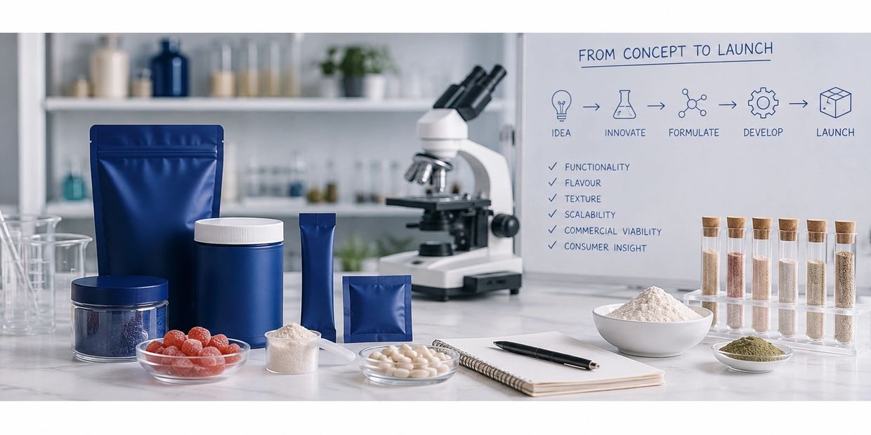 Laboratory setup showing product development stages with various samples and a microscope.