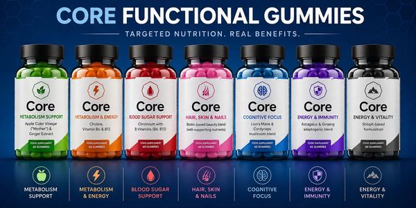 Colorful Core Functional Gummies for metabolism, blood sugar, skin, focus, immunity, and energy support.
