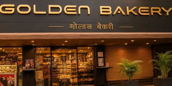  storefront of Golden Bakery with Hindi text
