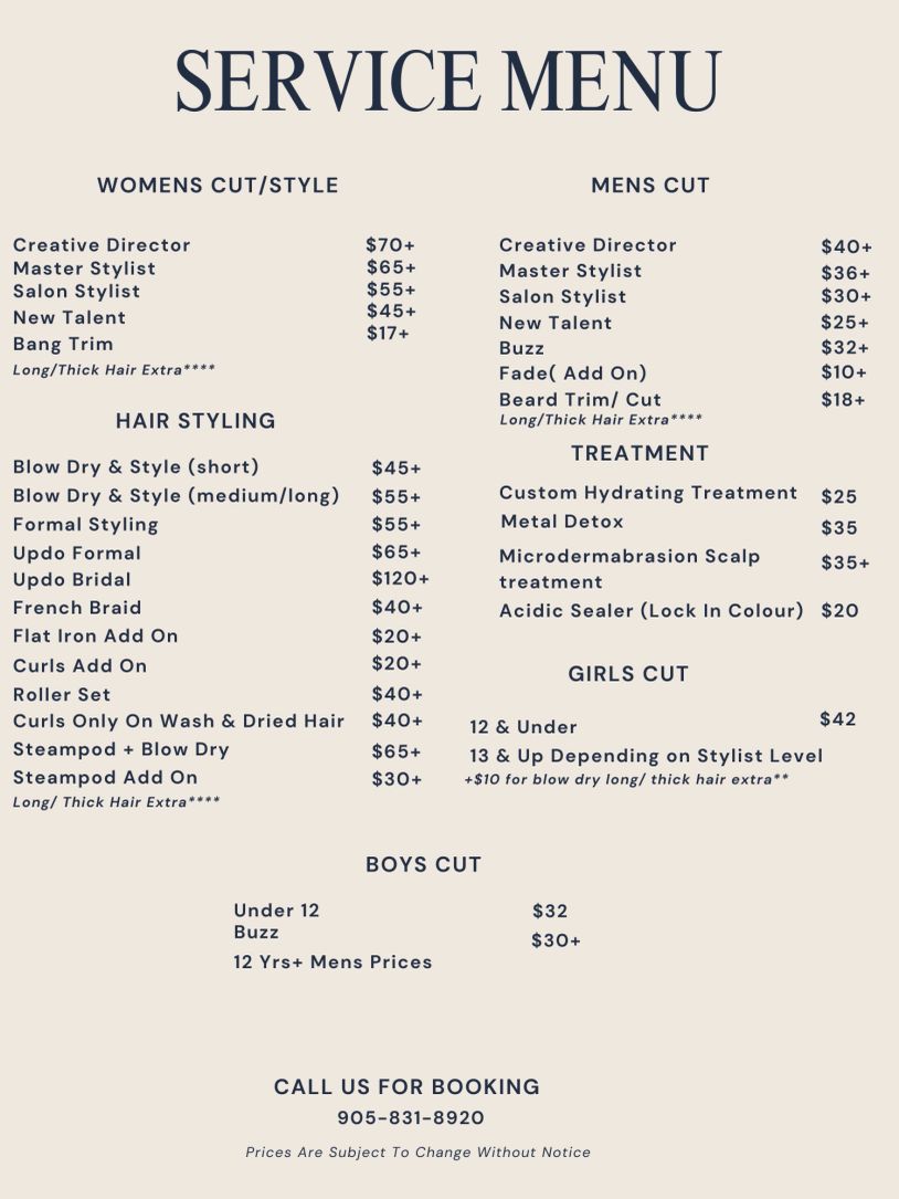 Salon service menu with prices for cuts, styling, and treatments for women, men, girls, and boys.