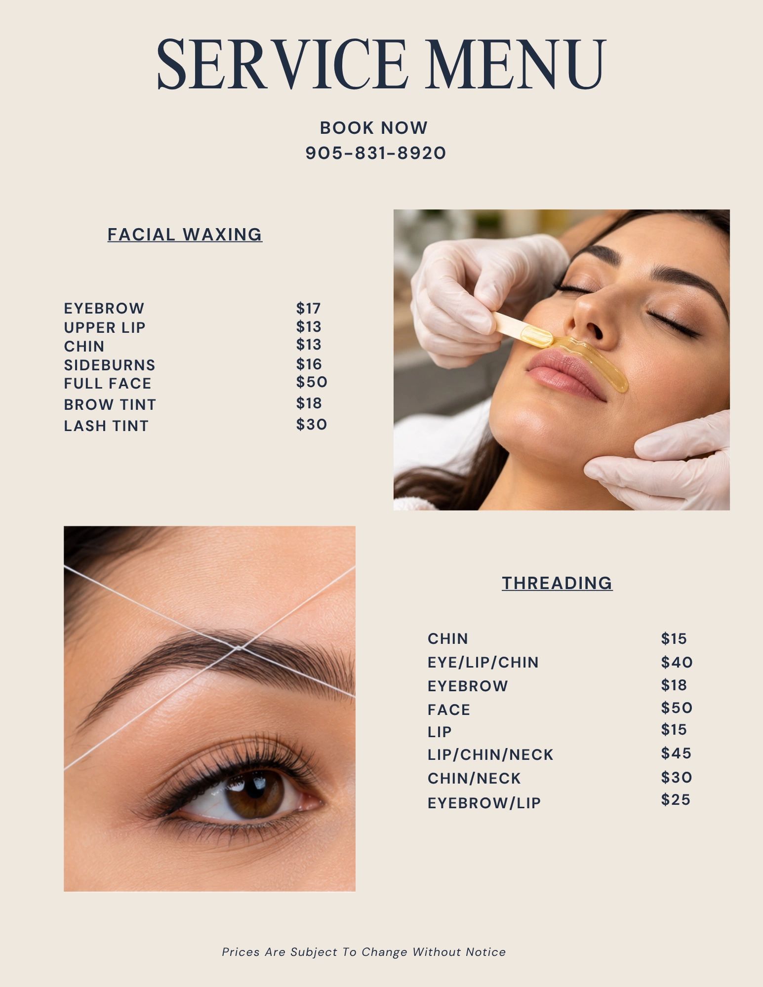 Service menu for facial waxing and threading with prices.