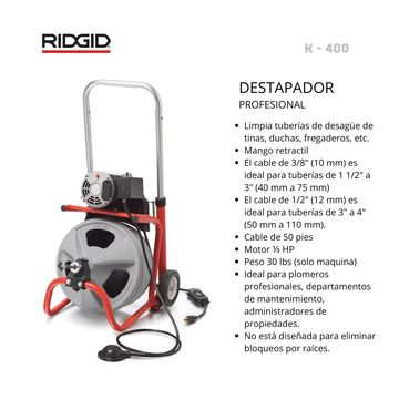 Destapador profesional RIDGID K-400 para limpiar tuberías.