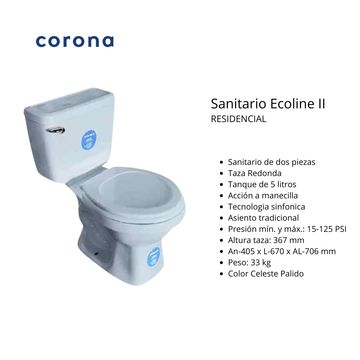 Inodoro color celeste, taza redondo, accionado a manecilla. 