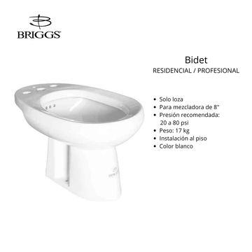 Bidet blanco Briggs para instalación en piso, uso residencial o profesional.