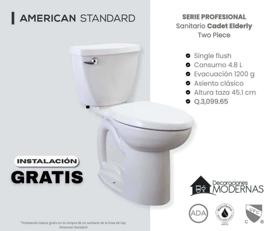 Inodoro americano estándar con instalación gratis.