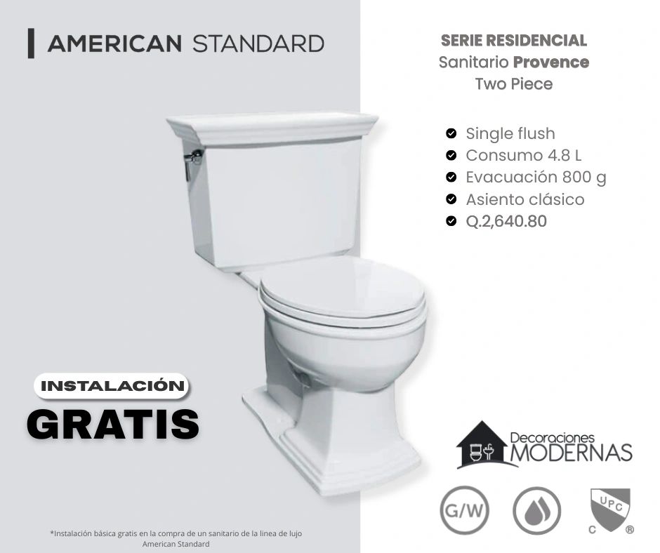 Sanitario residencial American Standard Provence con instalación gratis.