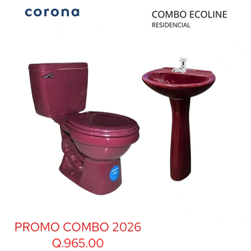 Combo bathroom set with maroon toilet and pedestal sink.