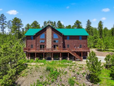 Large log cabin with green roof in forested area.