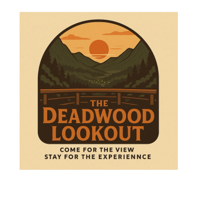 Logo for The Deadwood Lookout with sunset and mountains.