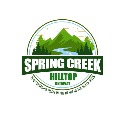 Logo for Spring Creek Hilltop Getaway with mountains and creek.