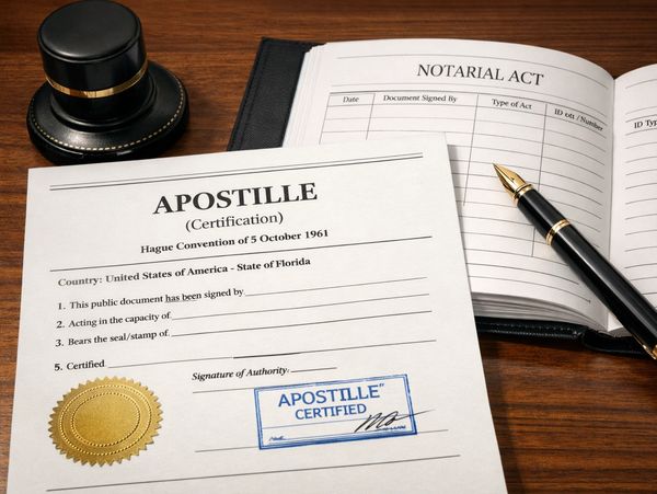 A certified apostille document with a notary stamp and pen on a wooden desk.