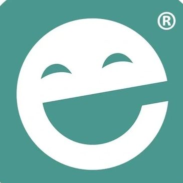 A stylized white letter 'e' with a smiling face on a teal background.