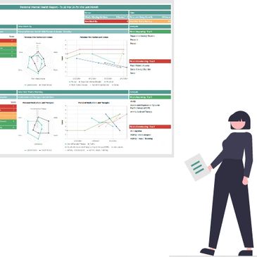 Illustration of a person presenting a detailed performance report with charts and tables.