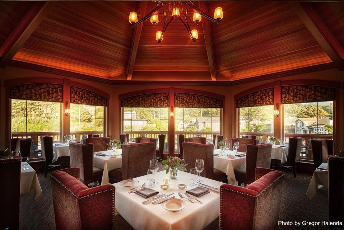 Interior of the Stephanie Inn dining room in Cannon Beach OR