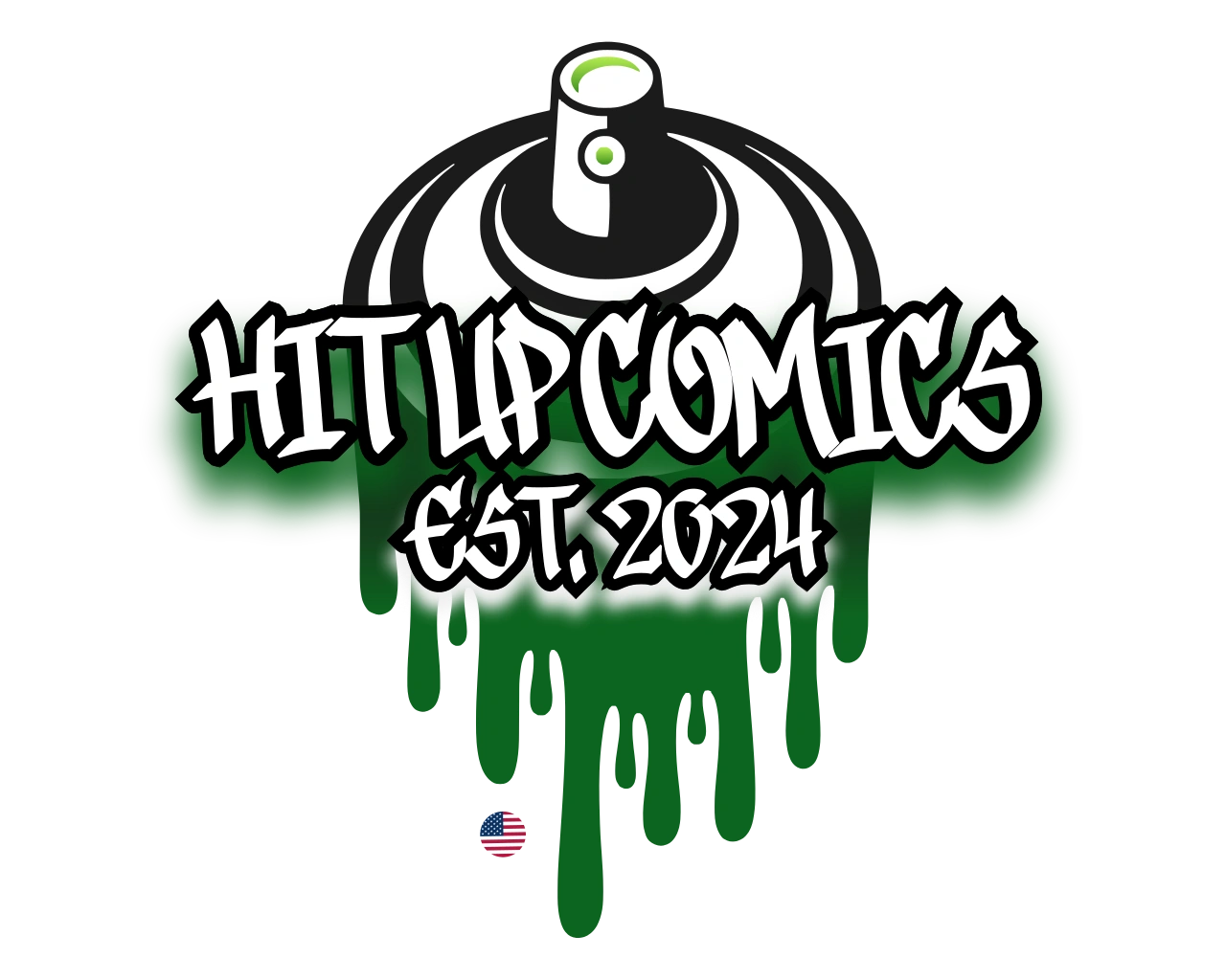 Logo for Hit Up Comics with graffiti style and spray paint can.