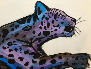 Artistic painting of a purple and blue leopard with black spots.
