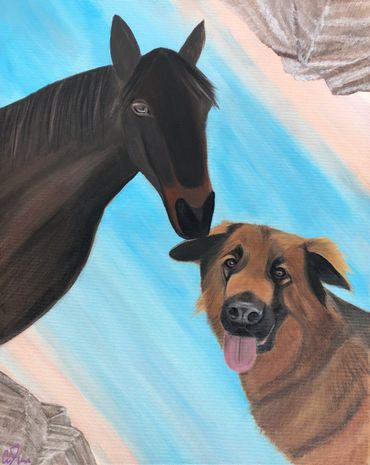 Painting of a black horse and a happy brown dog with blue sky background.