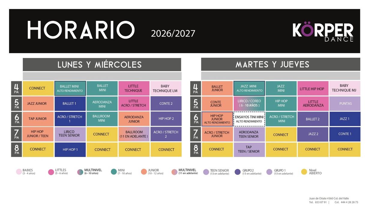 Horario de clases de danza para 2026/2027 en Körper Dance.
